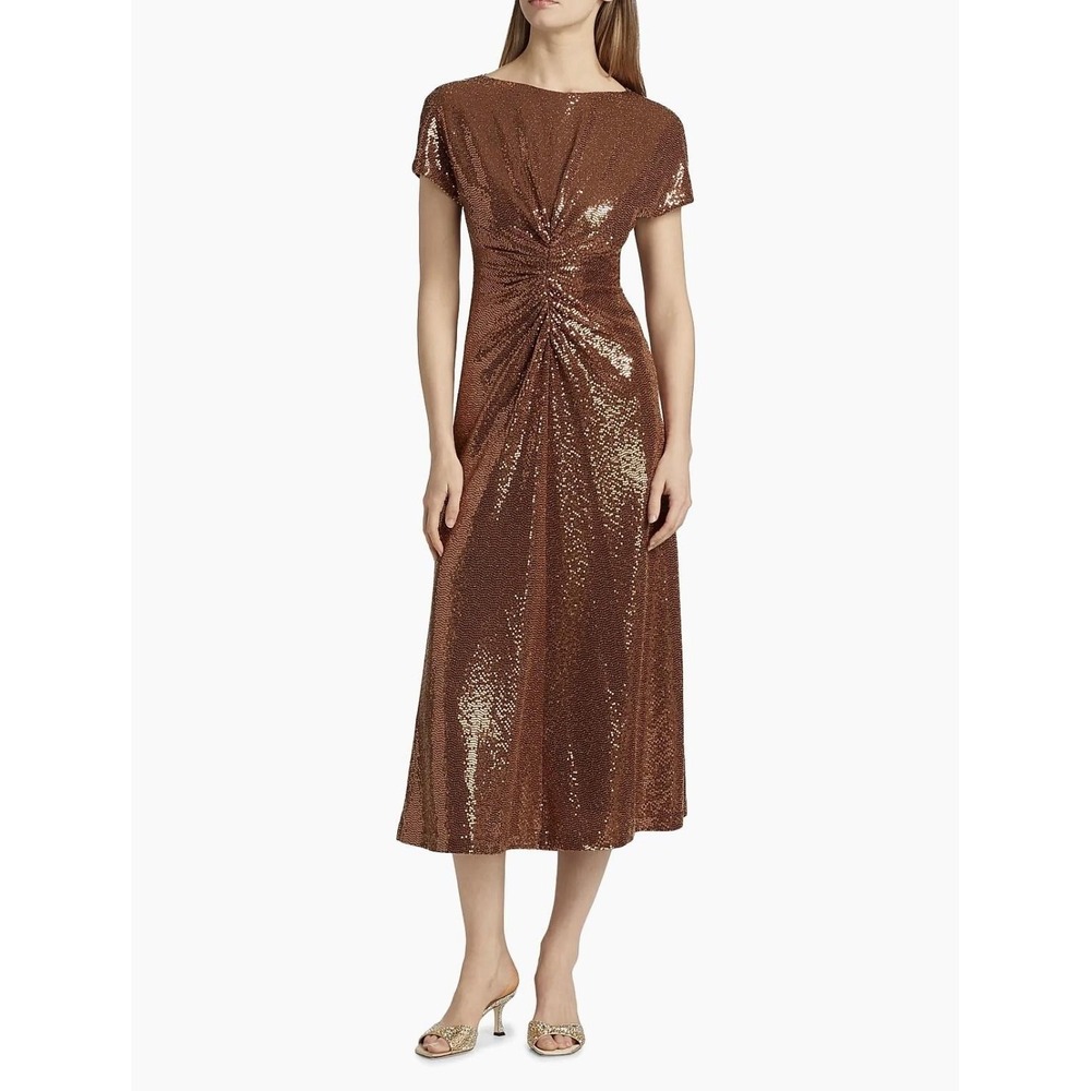 Halston Luce Dress Womens Small Brown Sequin‎ Twist Waist Midi Formal Gown NWT